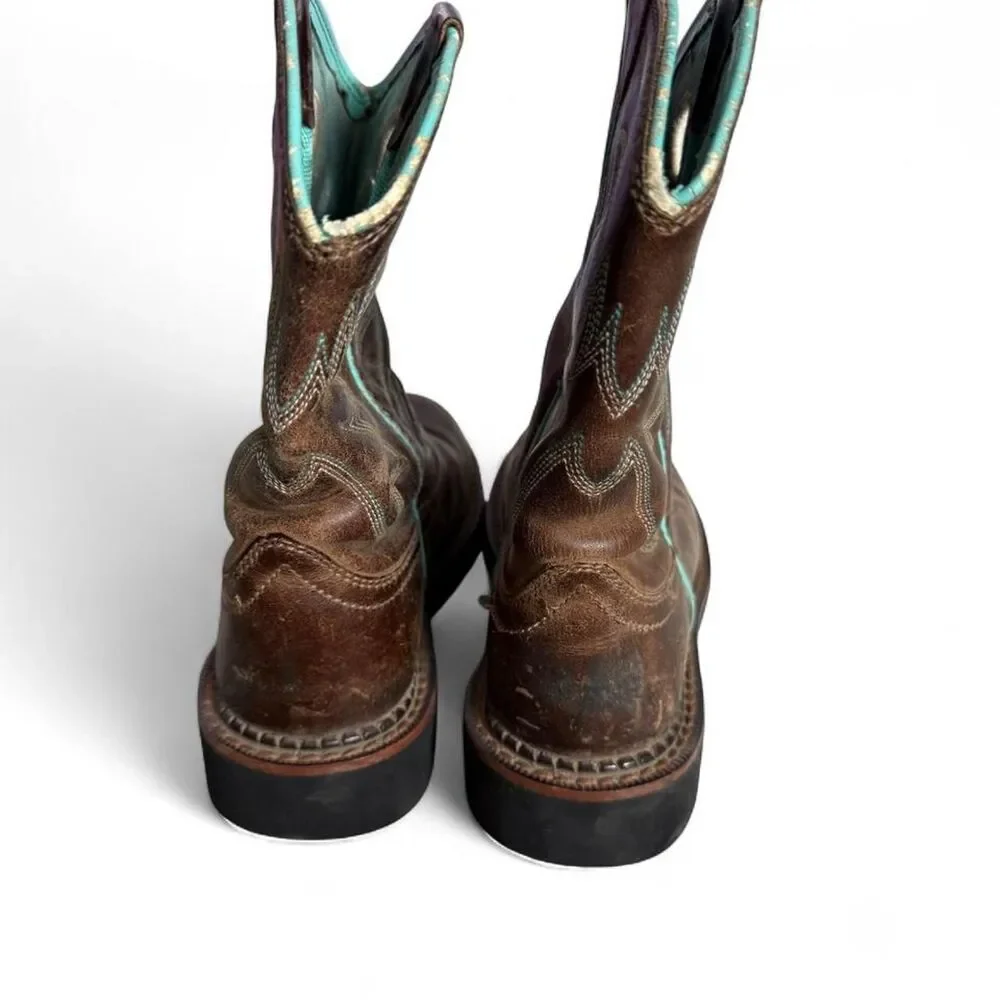 Ariat Kids Size 12 Western Cowboy Boots Brown Leather Turquoise Square Toe